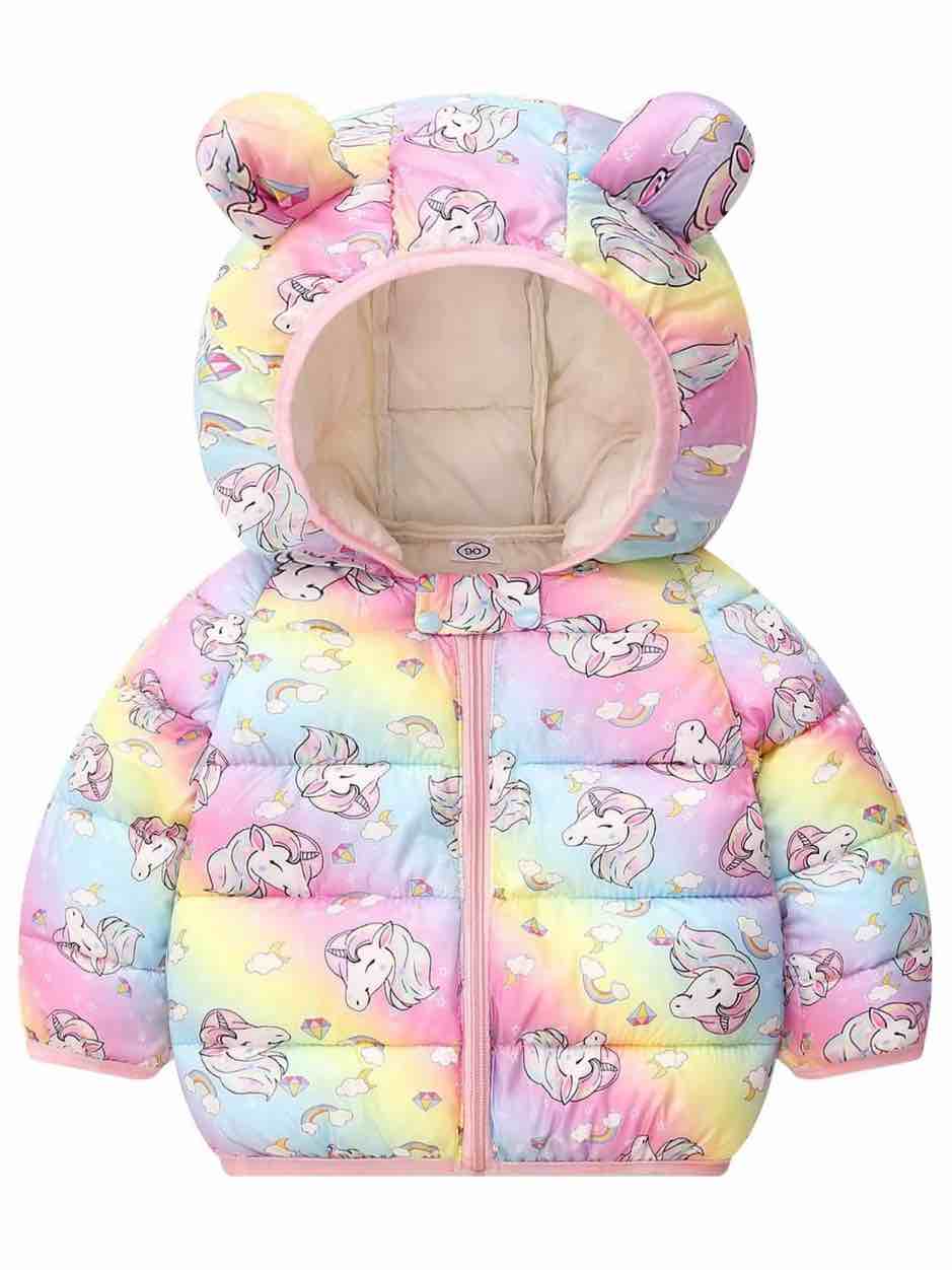Baby Girl Winter Jacket Toddler Hooded Cute Printed Unicorn Coat Outdoor Ski Jacket Snow Suit