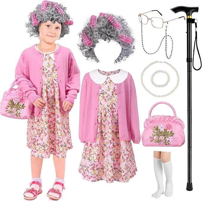 Zivyes Old Lady Costume for 100 Days of School Costumes Granny Wig Dress Up Old Lady Grandma Accessories