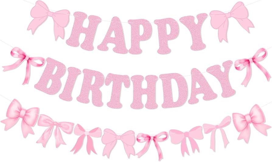 Pink Bow Birthday Party Banner Bows Party Decorations Pink Bow Happy Birthday Banner Bows Garland Banners Glitter Pinks Pattern Bunting Garland for Women Girls Bow Bday Theme Party Supplies