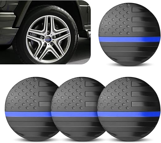 Car Wheel Center Hub Cap Kit, American Flag Waterproof Rim Decoration, Rustproof Round Vehicle Wheel Hub Protective Covers, Universal for Most Cars Trucks (Blue & Black)
