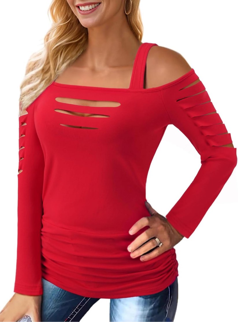 Womens Sexy Off The Shoulder Top Casual Long Sleeve Cold Shoulder Cut Out Blouse Shirts M