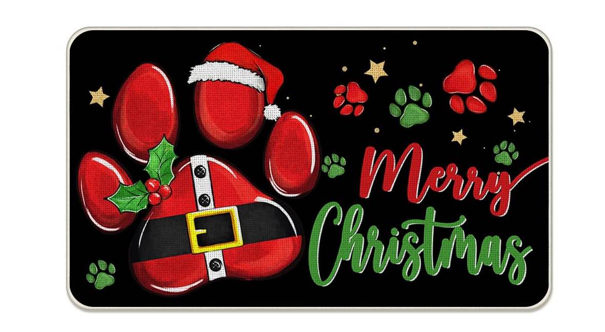Tailus Merry Christmas Dog Cat Paw Prints Decorative Front Door Mat, Xmas Doormat Indoor Outdoor Non-Slip Floor Entryway Rug, Funny Winter Holiday Home Kitchen Decoration Pet Lover Gift 17x29 Inch