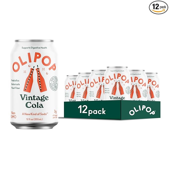 OLIPOP Prebiotic Soda Pop, Vintage Cola, Pantry Pack Packed with Prebiotics, Fiber, and Botanicals, Gluten Free, Vegan, GMO Free, 12oz (12-Cans) (Missing One Can)