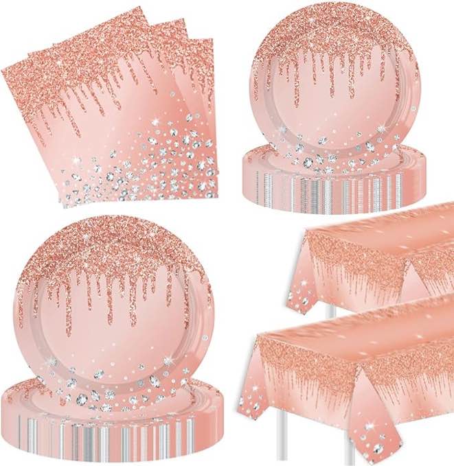 Rose Gold Birthday Party Supplies Set - Includes 20 9'' Dinner Plates, 20 7'' Dessert Plates, 20 Napkins and 2 Tablecloths for Kids' Party with Pink Balloons Decor