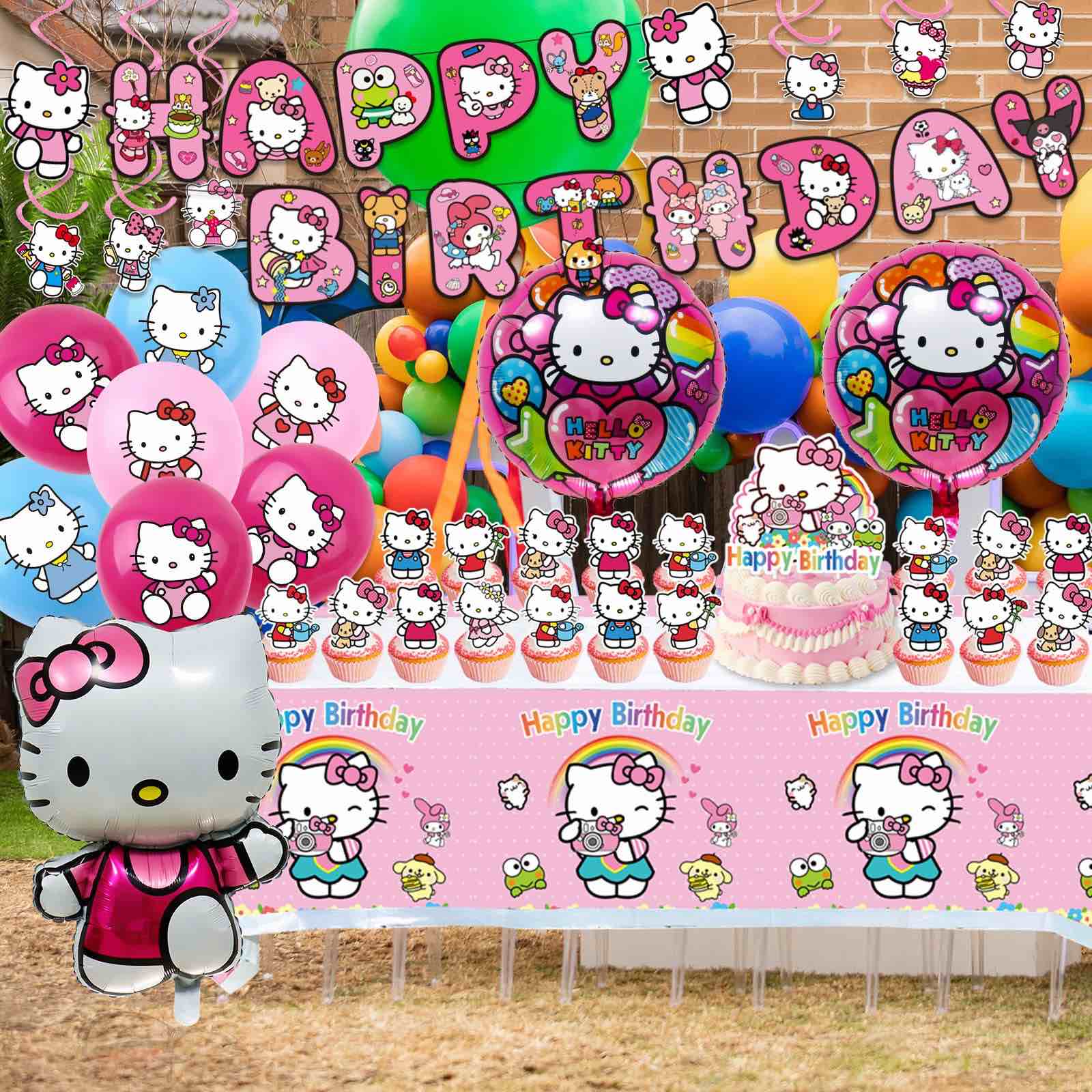 kitty birthday party supplies, party decorations set include banner, balloons, hanging swirls, cake cupcake toppers, tablecloth for girls kitty theme party