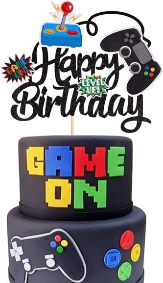video game happy birthday cake topper,glitter black gaming cake decoration for game theme baby shower, kids boys girls gamer birthday party decoration supplies