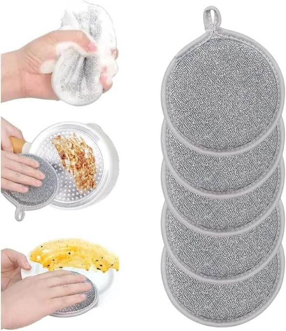 iaredon 5pcs Multifuctional Wire Dishwashing Rags for Wet and Dry, Round Rags for Cleaning House Washing Cloth, Reusable Non Scratch Wire Double Layer Dishcloth for Kitchen, Sinks, Pots, Pans