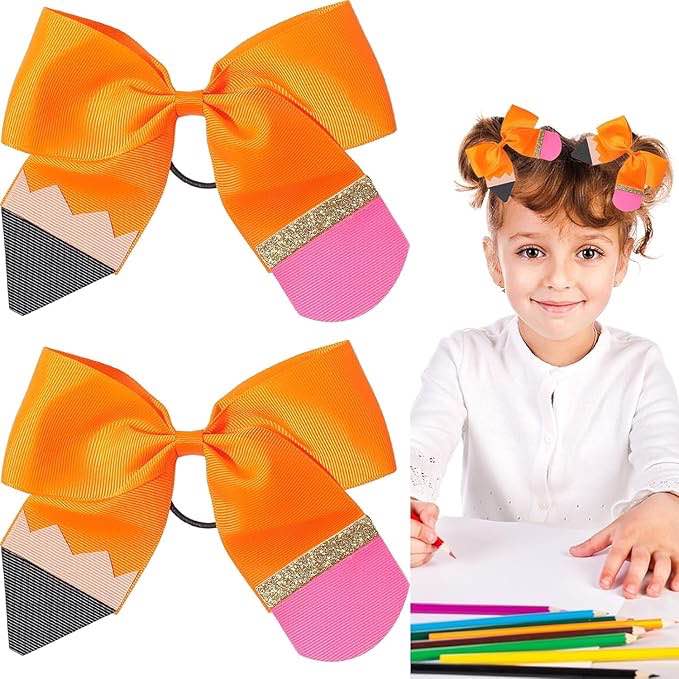 5 Inch Hair Bows Ties Back to School Bow Cheer Bow Clip Pencil Cheer Hair Scrunchies Hair Bow Ponytail Holder Elastic Hair Bows Tie for First Day of School Kids Supplies 2PCS (Orange)