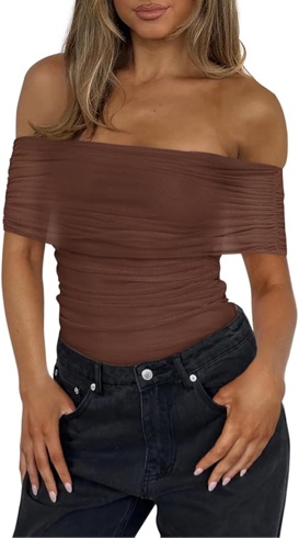 Women Sexy Mesh Off The Shoulder Short Sleeve Backless Ruched Thong Bodysuits Tops Medium Skyway Blue