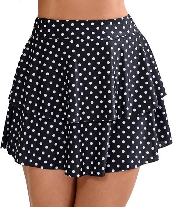 Halcurt Women's High Waisted Ruffle Swim Skirt with Shorts and Hide Pockets Tankini Swim Skort Bikini Swimsuit Bottoms Black Polka Dot S