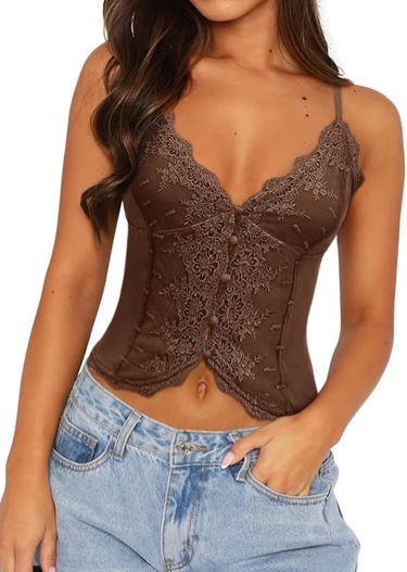 (Medium) Women's Sexy Lace V Neck Button Down Going Out Boho Tops Trendy 2025 2025 Chocolate Medium