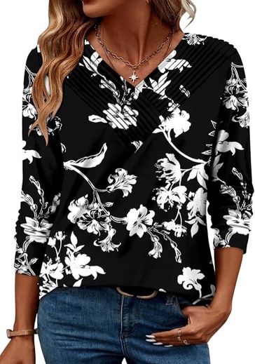 ONLYSHE Long Sleeve Shirts for Women Fashion V Neck Basics Casual Top Fitted Tunic Tops 3XL