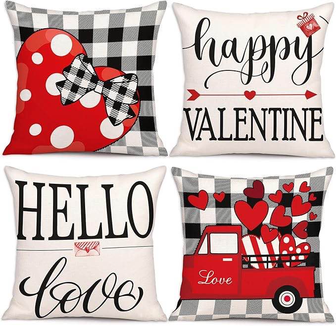 Geefuun 4PCS Valentine’s Day Throw Pillow Case Decorations - Valentine Checked Cushion Cover 18 x 18 Inches Gift Decor for Sofa Couch