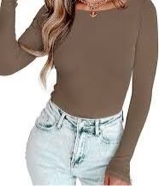 (Size L) PINKMSTYLE Womens Long Sleeve Tops Knit Ribbed Bodysuits Classy Scoop Neck Business Casual Trendy Outfits Winter Shirts Ochre Large