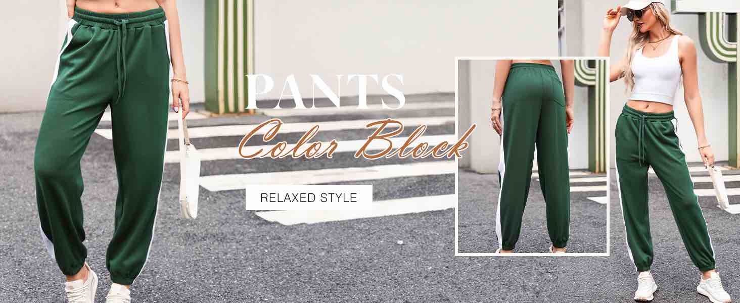 (Size S) Dokotoo Womens Color Block Casual Baggy Sweatpants High Waisted Joggers Knits Pants with Drawstring Waist Slant Pocket Blackish Green