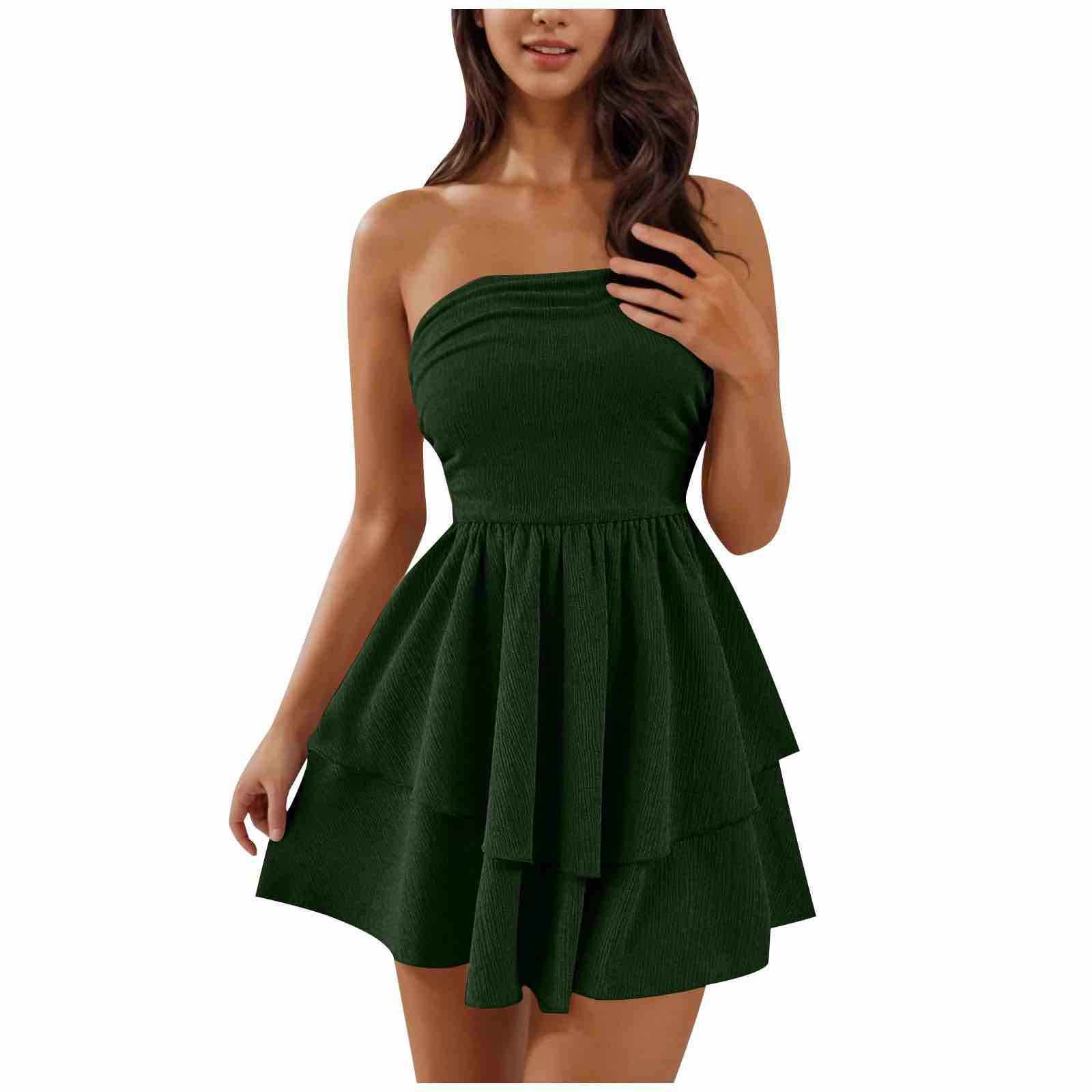 acelyn Women Sexy Tube Top Mini Dress Strapless Waist Ruffle Layer Short Dress 2025 Summer Ruched Y2K Outfits Green, Large