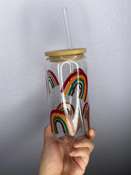 Rainbows Holographic Beer Can Glass Cup Trendy and Retro Iced Coffee Cup Includes Lid 