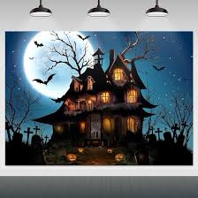 Mocsicka Happy Halloween Backdrop Moon Night Trick or Treat Party Decorations Blue Color Graveyard F