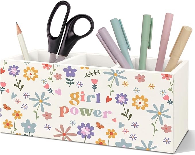 SNNDER Girl Power Pen Holder for Desk, Feminist Gifts, Female Women Empowerment Gifts, Wildflower Floral Aesthetic Wooden Pen Pencil Holder Organizer for Home Office Desk Accessories