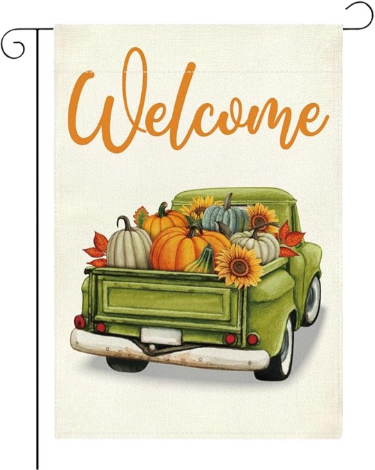 Welcome Fall Garden Flag Autumn Pumpkin Garden Flag 12x18 Inch Double Sided Fall Truck Thanksgiving Holiday Flags for Outside Front Door Home Porch (Flay 2101)