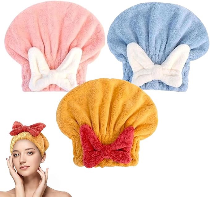 3PCS Ultra Absorbent Microfiber Hair Towel Wrap, Quick Drying Head Wrap With Bow Knot for Wet Hair, Super Efficient