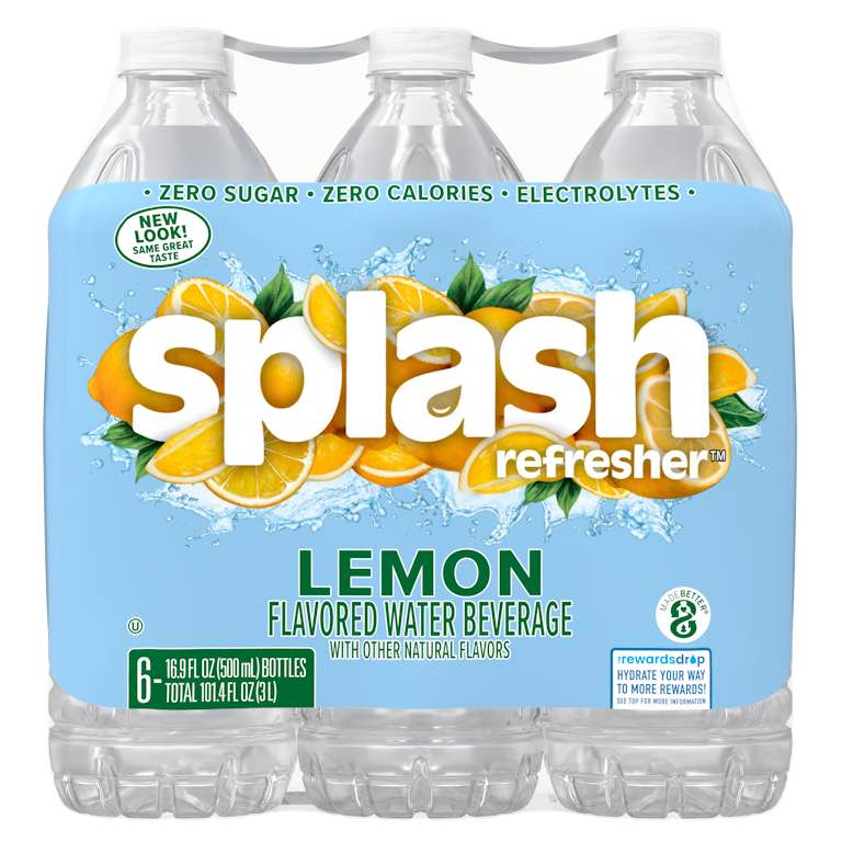 Splash Refresher Lemon Flavor Water Beverage 16.9 FL OZ Plastic Bottle Pack of 6