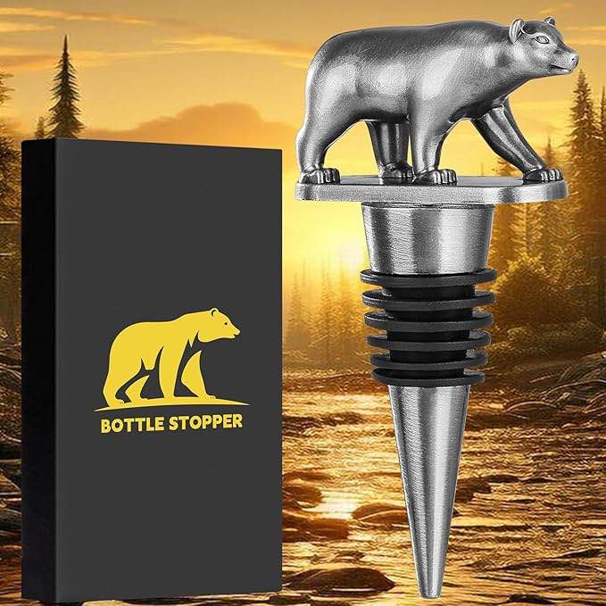 LULLEA Bear Wine Stopper, Rustic Wine Gifts for Men Women Wildlife Nature Lovers, Bottle Stoppers for Wine, Christmas Gifts, Father's Day Gifts, Birthday Gifts, Wine Saver Accessories, Dark Silver