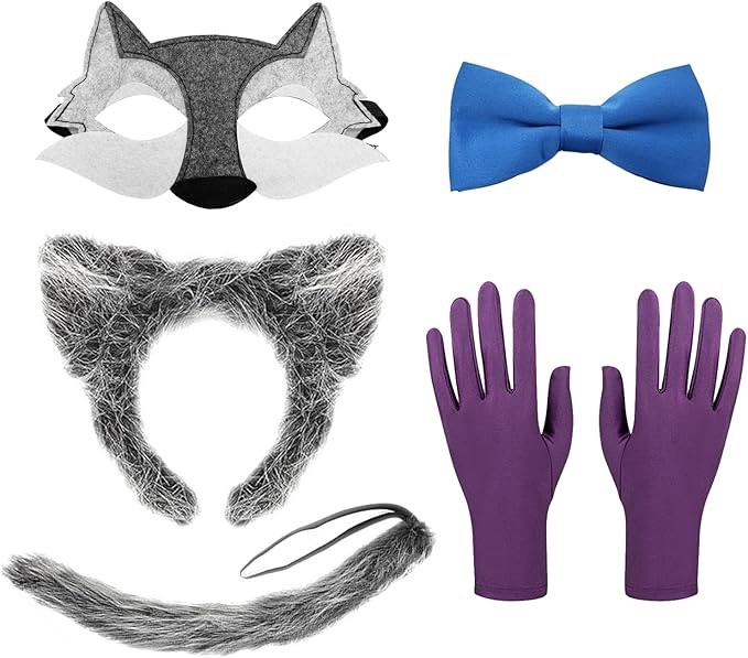 ATAYOU Wolf Ears Headband Mask and Tails with Purple Gloves and Blue Bow Tie for Halloween Cosplay