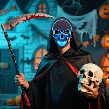 OceanWings Halloween Mask LED Light up Costumes Scary Mask for Party Supplies Favor (White Orange-Si