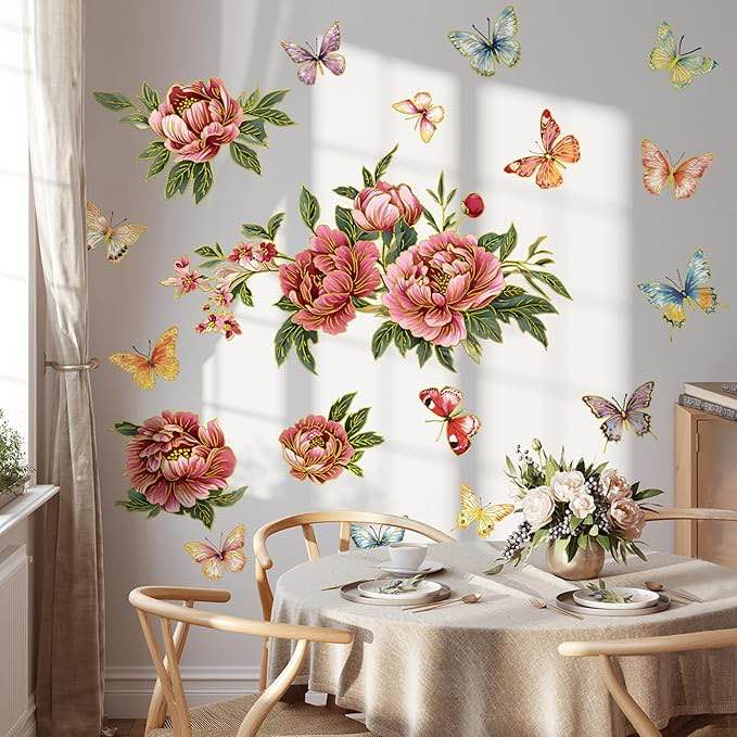 Large Peony Flowers Wall Decals, HOLENGS Butterfly Flowers Wall Stickers, Shiny Gold Line Peony Flow