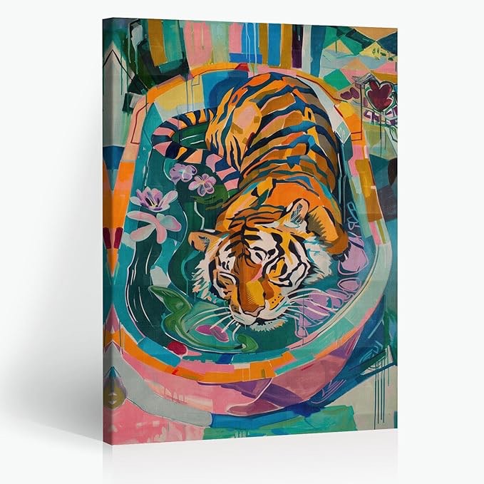 WCLXISC Vintage Bathroom Posters Eclectic Tiger Bathtub Wall Art Humor Animal Pictures Wall Decor Abstract Canvas Print for Apartment Bedroom Living Room Decor Trendy Poster 12x16inch Framed