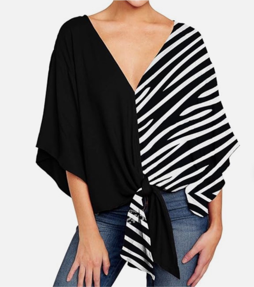 Ckikiou Womens Plus Size V Neck Knot Tie Front Summer Chiffon Blouses Tops Loose 3/4 Batwing Sleeve Shirts