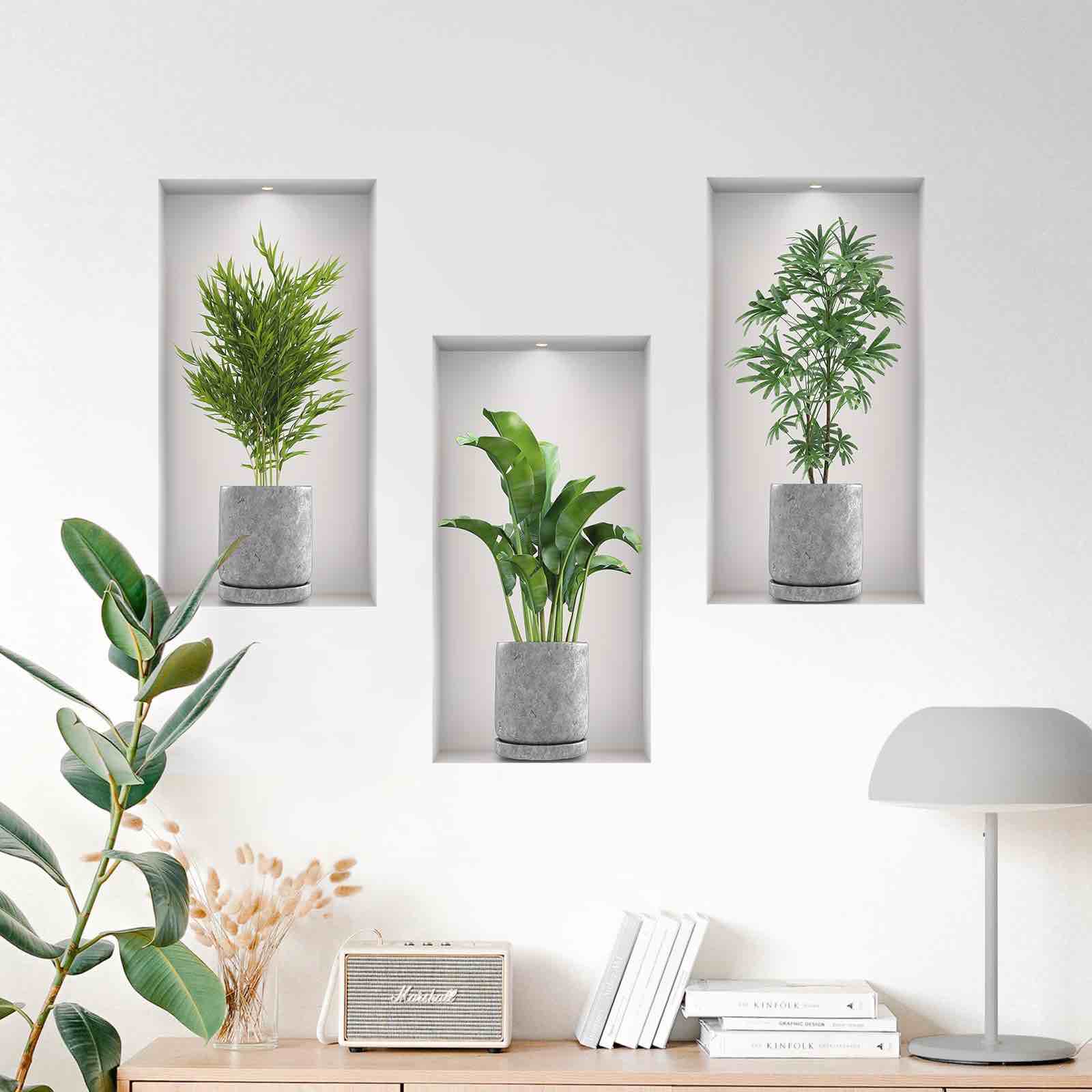 3d greenery potted plants wall decals, 3 pcs green plants leaves wall decal creative self adhesive vinyl wall stickers for aisle, stairs, corner, living room, sofa backdrop