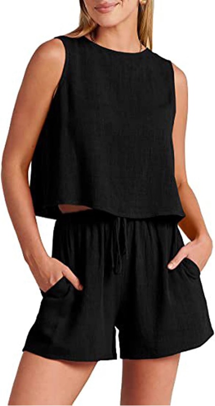 luvamia Linen Short Sets for Women Two Piece Matching Casual Sleeveless Tank Top and High Waisted Shorts Summer Outfits - Large