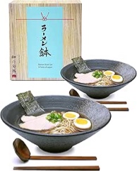 APEX S.K. 2 Sets 57 Ounce Large Ceramic Japanese Ramen Noodle Soup Bowl Dishware Ramen Bowl Set with Matching Spoon and Chopsticks for Udon Soba Pho Asian Noodles (2, Grey Ceramic, 9.5 inches)