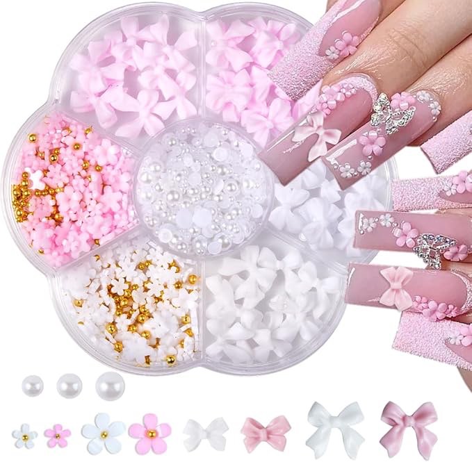 412 pcs nail charms, 3d pink, white, and black ribbon nail charm, acrylic spring flower centerpiece