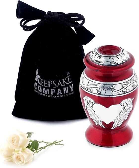 Angel Wings & Heart Cremation Urn (Red Shimmer, Large)' (Red Glossy, Single - Miniatue)
