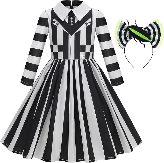 Girls Halloween Costume - Kids Black and White Striped Dress with Headband for Cosplay Dress Up (Black, 110)