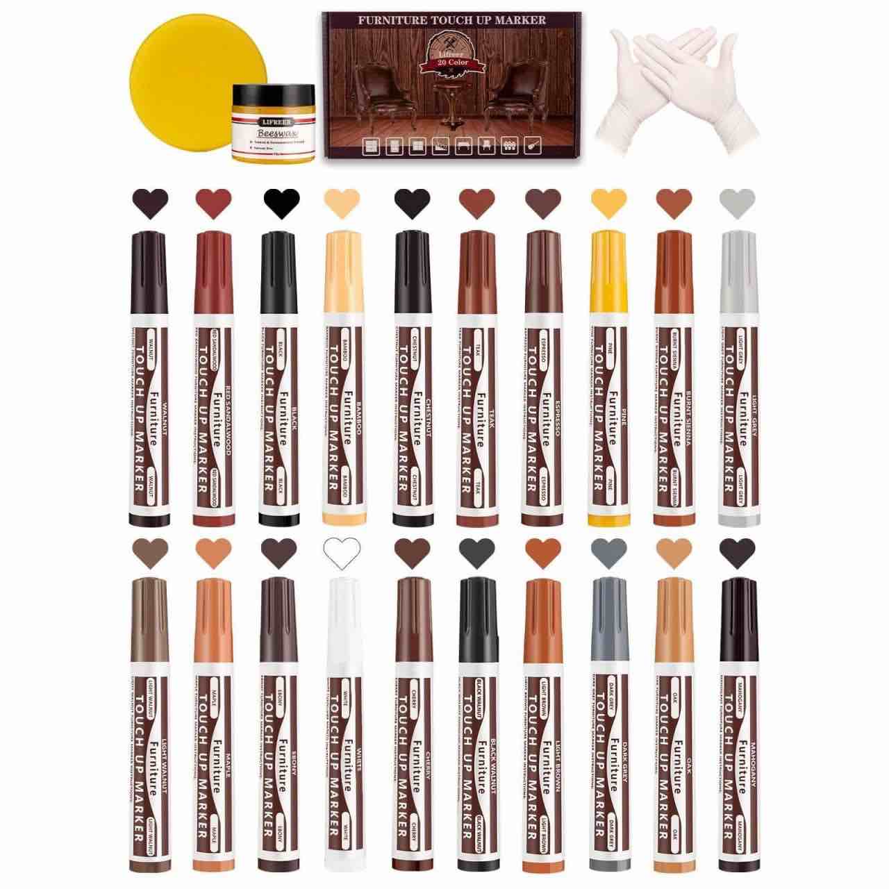Lifreer Furniture Markers Touch Up - 20 Color Wood Touch Up Markers With Beeswax - Stain Pens For Sc