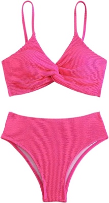 (Size L) MakeMeChic Women's 2 Piece Bikini Sets Twist Front High Waist Textured Spaghetti Strap Bathing Suit