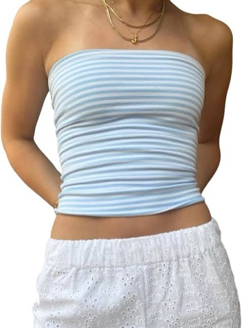 (Size L) CHICGAL Womens Tube Tops Strapless Bandeau Casual Going Out Y2K Short Sleeveless Shirts(Blue Striped