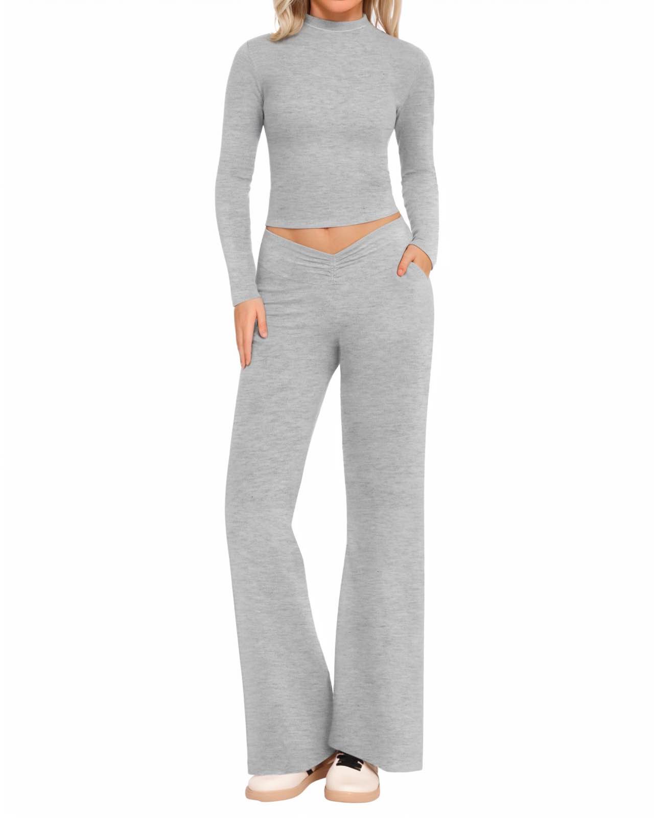 MANGOPOP 2 Piece Lounge Sets for Women Fold Over Flare Pants Long Sleeve Top V-Cut Flare Leggings Fall Pajamas Casual Outfits - XS