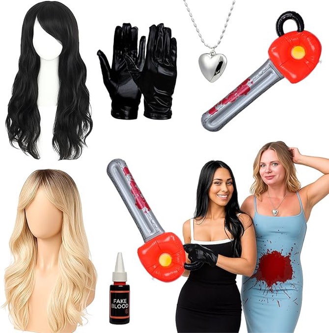 Shihanee 6 Pcs Halloween MV Love Rival Costume Golden and Black Wig Leather Gloves Inflatable Saw Si