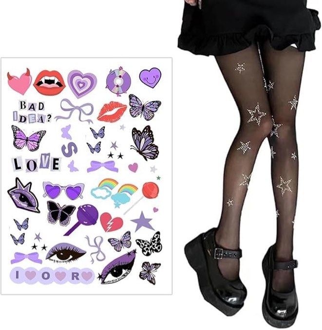 Y2k Star Rhinestone Tights Thigh High Stockings Gothic Stockings Pantyhose Temporary Tattoos for Fan