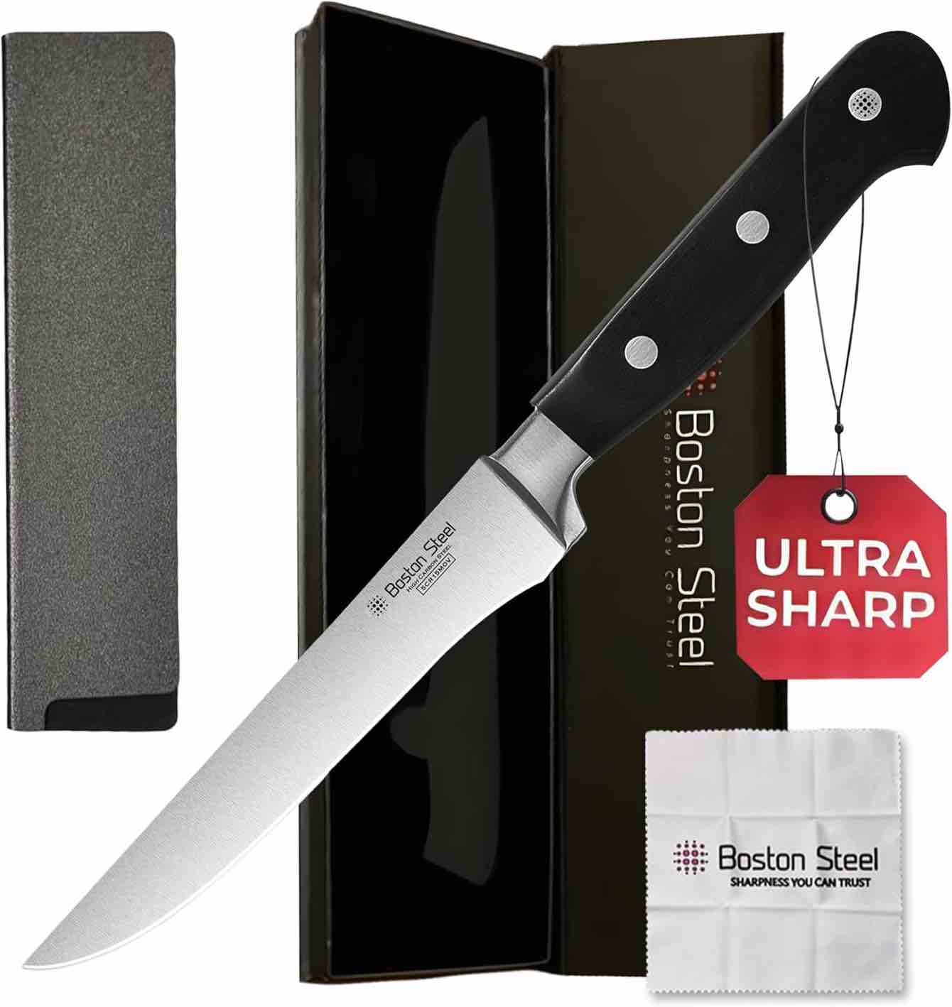 Boston Steel Boning Knife 6 Inch – Ultra Sharp High Carbon Stainless Steel Kitchen Knife with Comfor