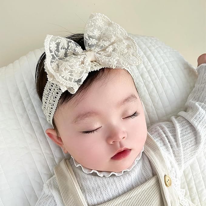 Rannyrena Lace Flower Bow-knot Baby Girls Headband Birthday Infant Wrap Elastic Baby Turban Hairband