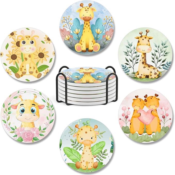 CUBICER Pack 6 Coasters: Giraffe Ceramic Coaster with Cork Base — Housewarming Gifts for Women/Adults