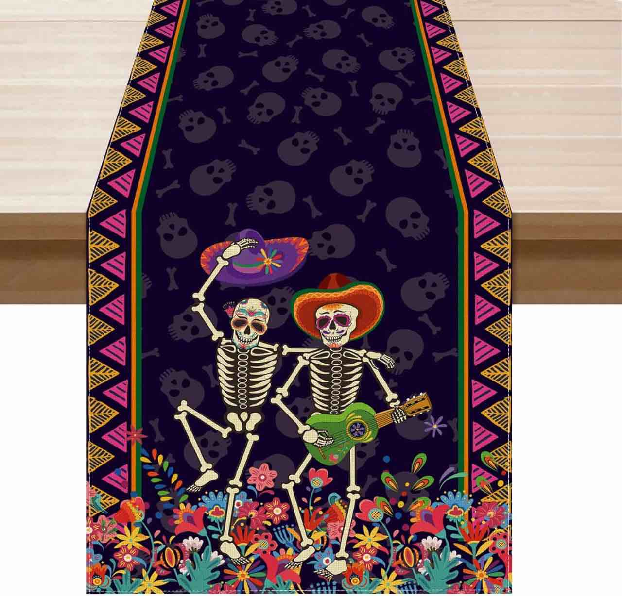 XCHI Dance Sugar Skull Music Guitar Colorful Flowers Dia De Los Muertos Table Runner Day of The Dead