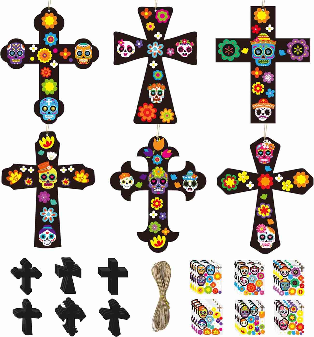 Cinrobiye 24 Set Day of The Dead Craft Kits Sugar Skull Bible Cross Hanging Ornaments for Home Churc