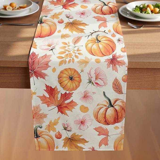 viv cherbl fall table runner with gradient pumpkins, maple leaves & floral accents,thanksgiving harvests farmhouse style autumn table decoration for ?dining? party and home ?decor,72x13inches